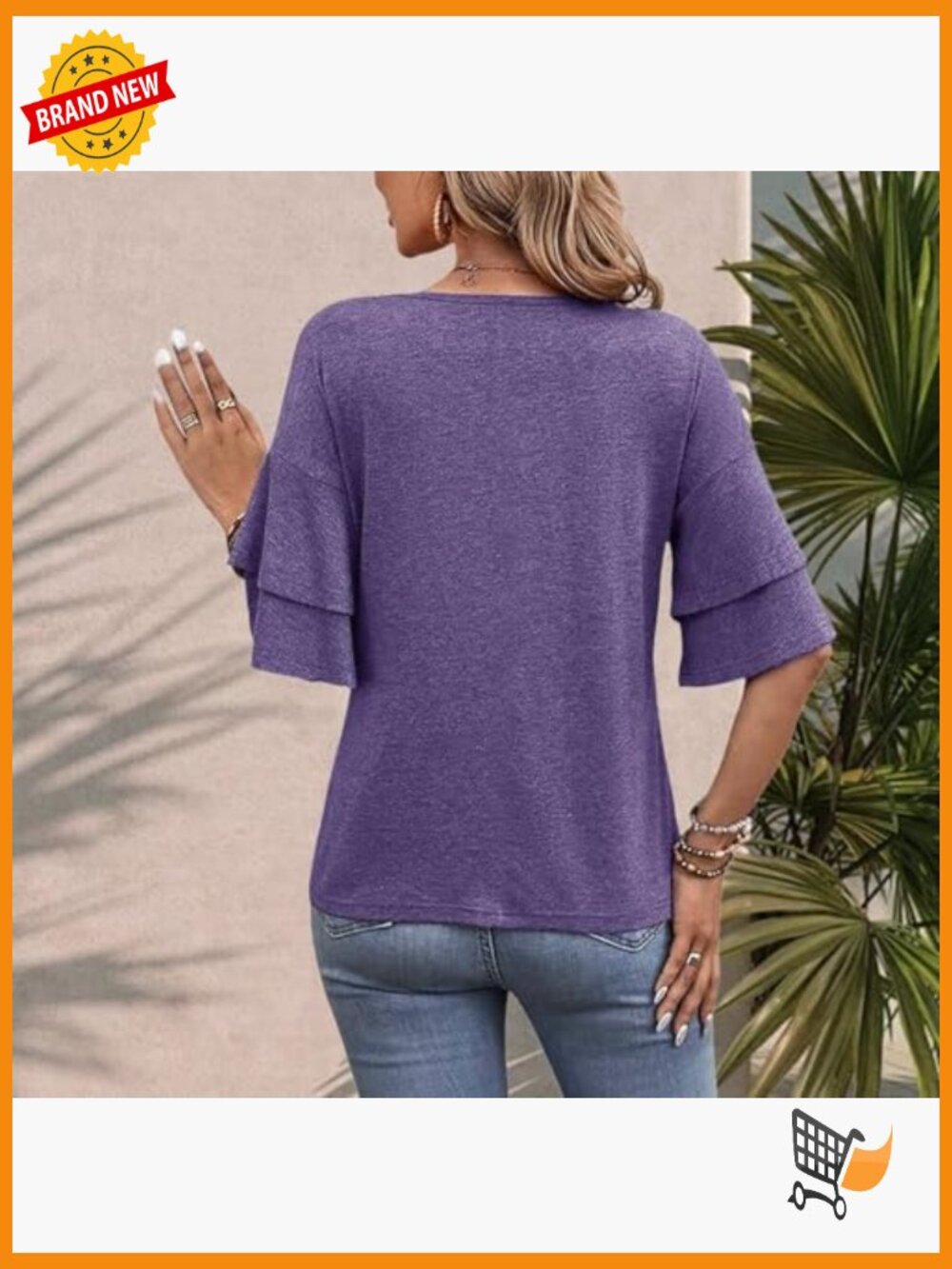 Ruffled 3/4 Bell Sleeve Crew Neck Tunic Top Loose Fit T-Shirt Blouse - Picture 2 of 7